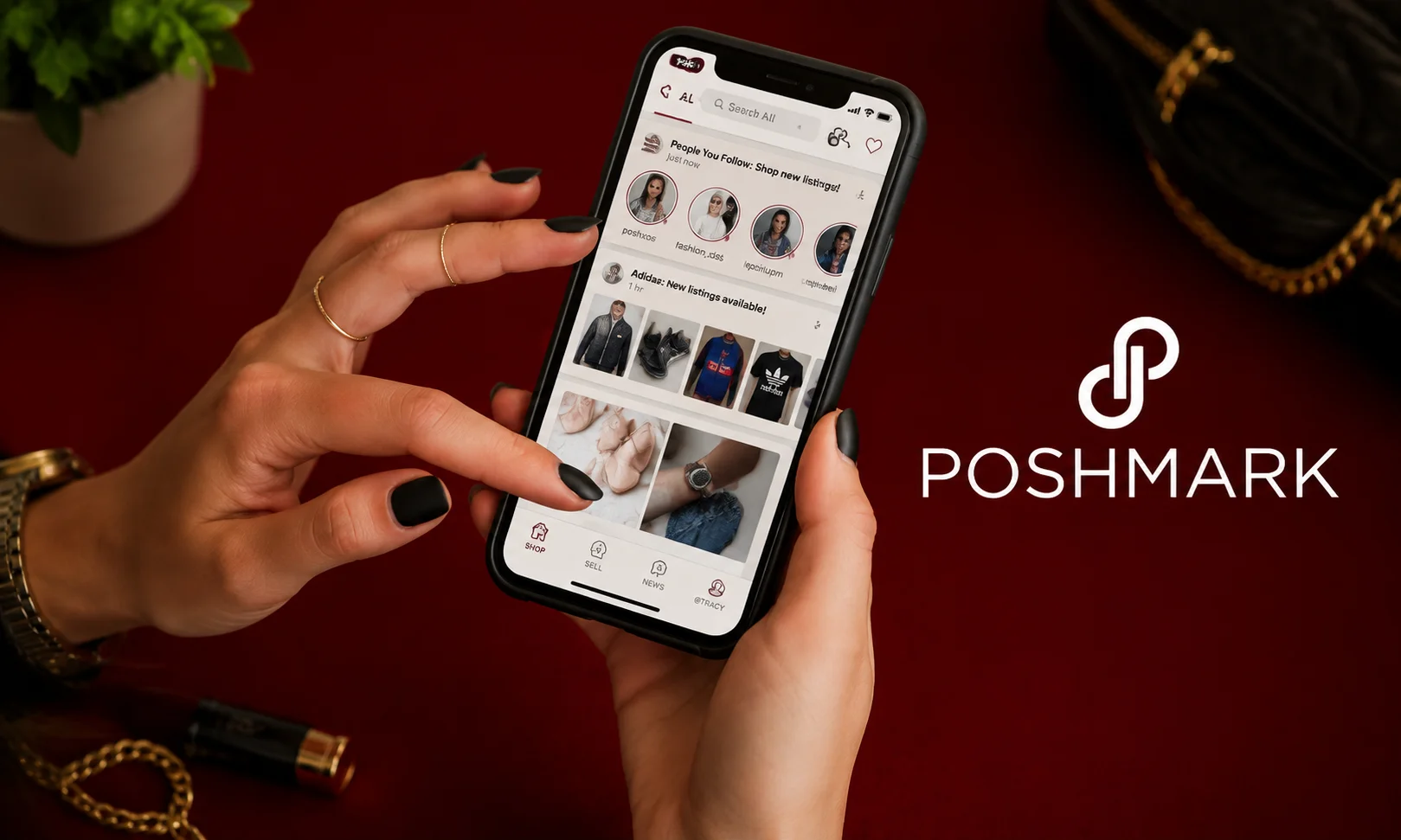 Close-up of hands browsing the Poshmark app on a smartphone under red ambient light