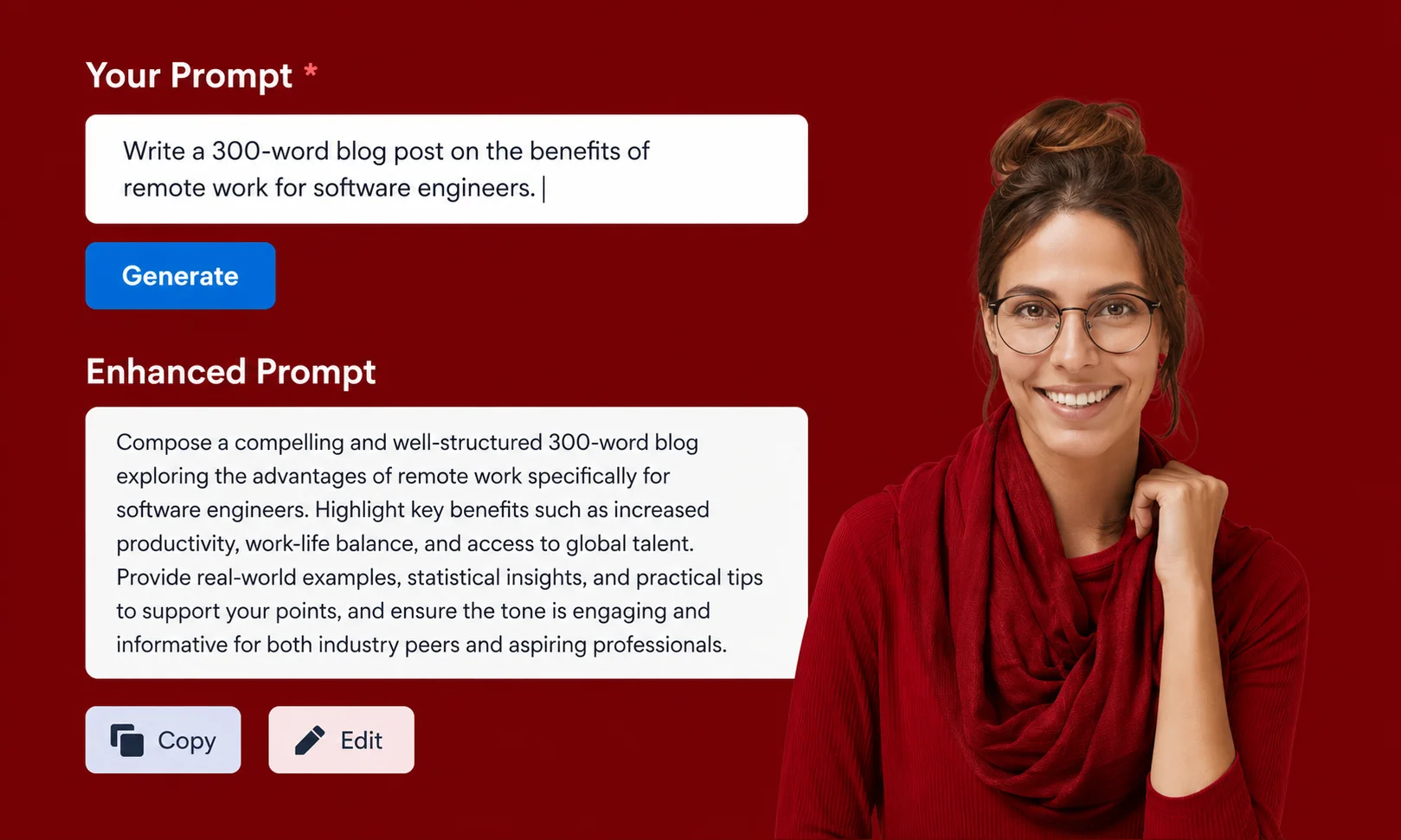 An interface showing the Jotform AI prompt builder against a dark red backdrop
