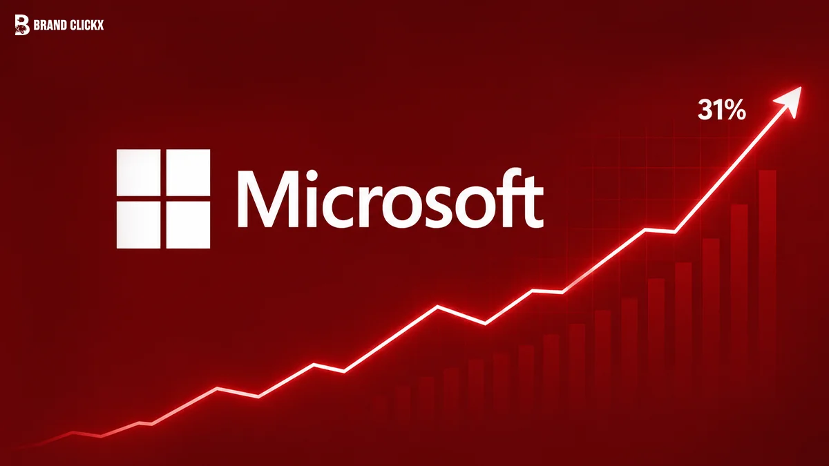 A Microsoft financial dashboard displaying a 31% profit increase and growth chart in a dark red-themed room