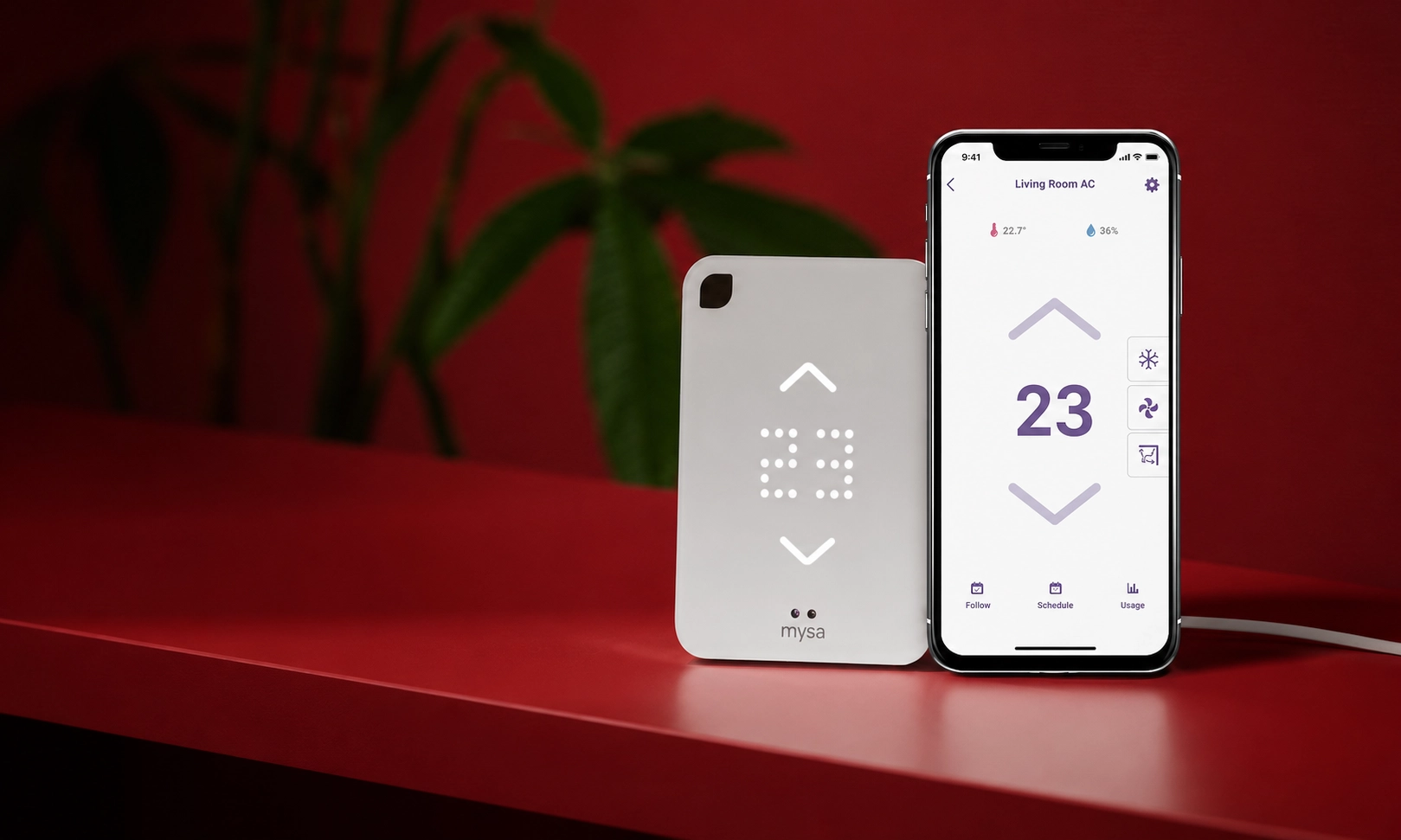 Mysa Smart Thermostat (with a thumbnail showing the thermostat and phone display)