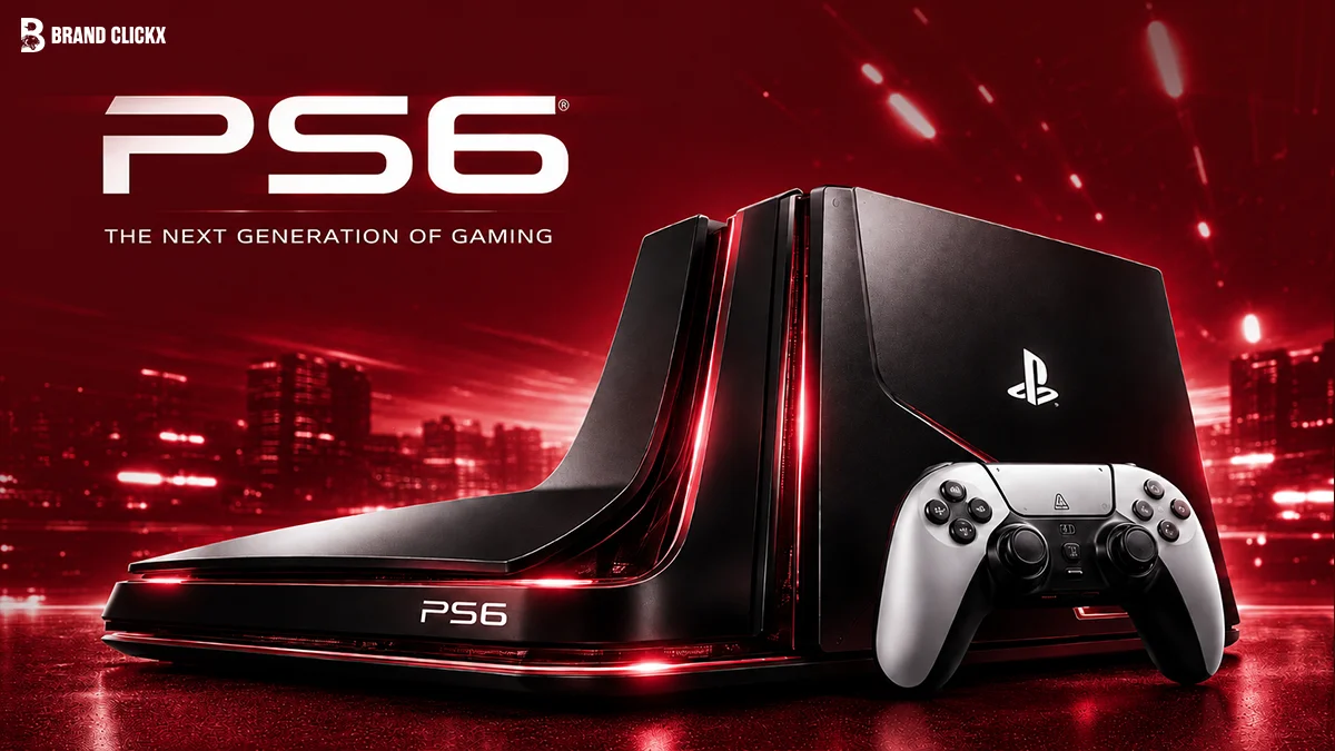 PS6 RELEASE DATE PlayStation 6 console and controller setup in a red-lit futuristic room