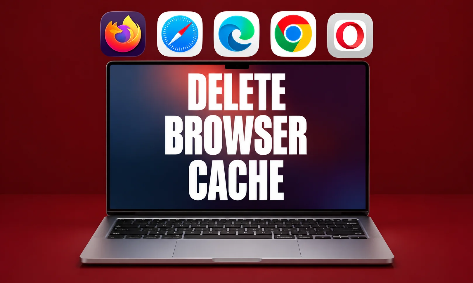 A laptop displaying quick browser cache options on a dark red surface