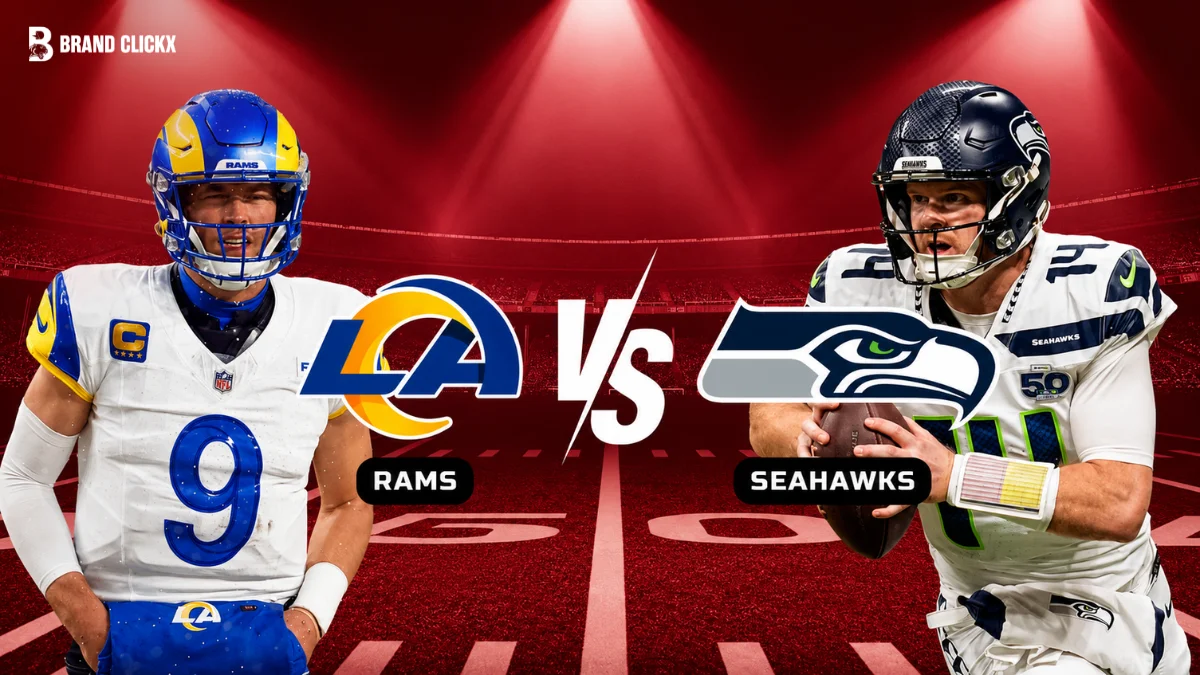 A graphic featuring a "Rams vs Seahawks" American football matchup on a red-themed stadium background with the Brand Clickx logo.