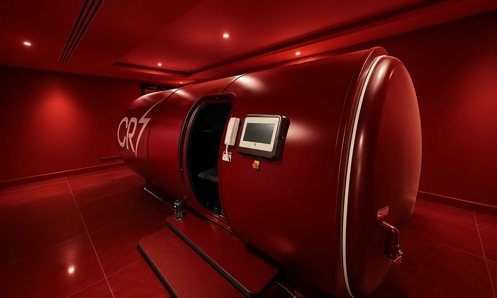 Recovery pod in a dark red room setting