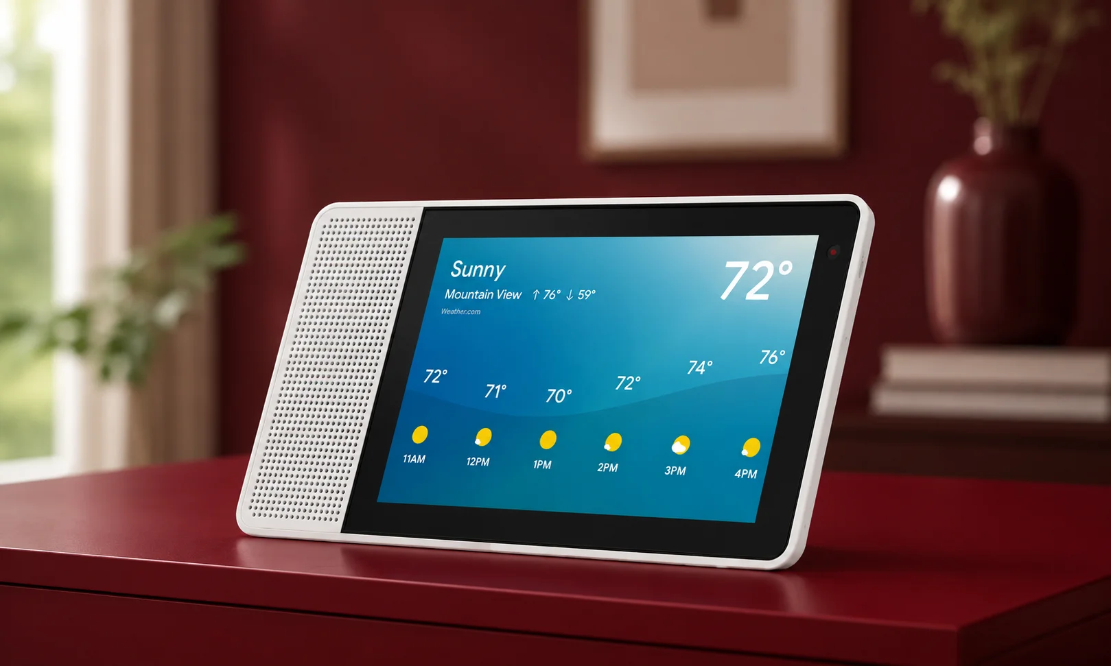 Smart home display screen on a red table setting