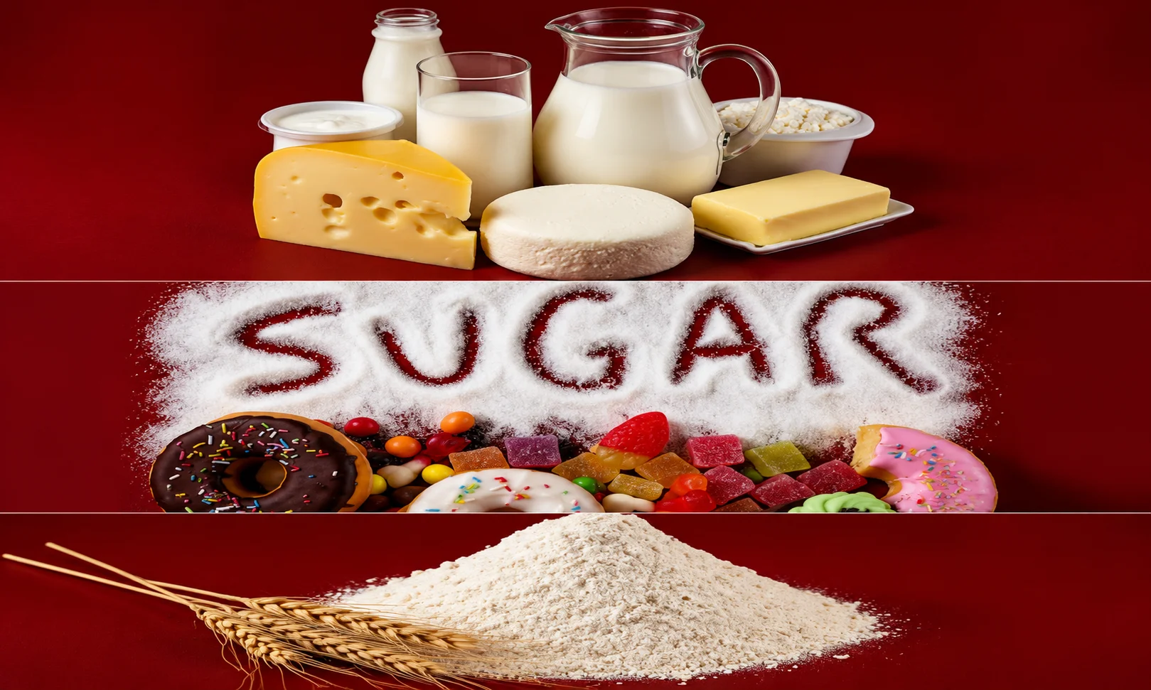 Various sugar food sources on a dark red background