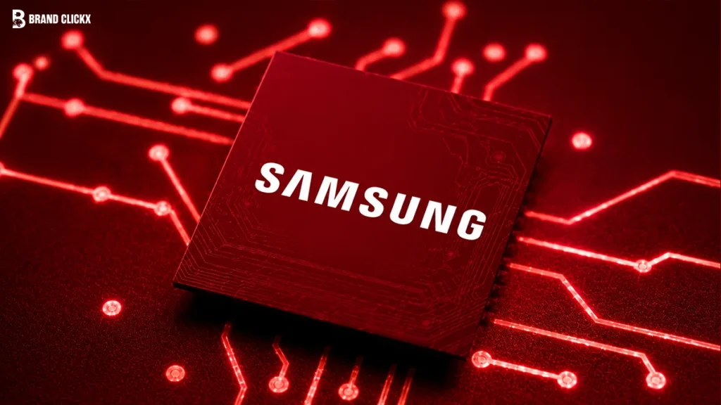 A Samsung processor chip resting on a glowing red circuit board background