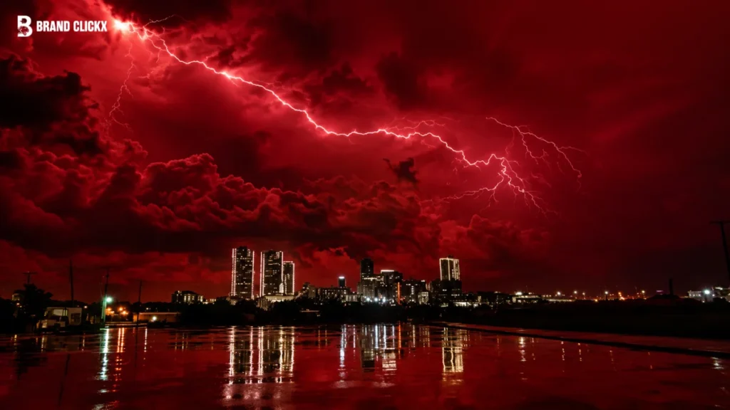 Brand Clickx city skyline view during a dramatic red lightning storm