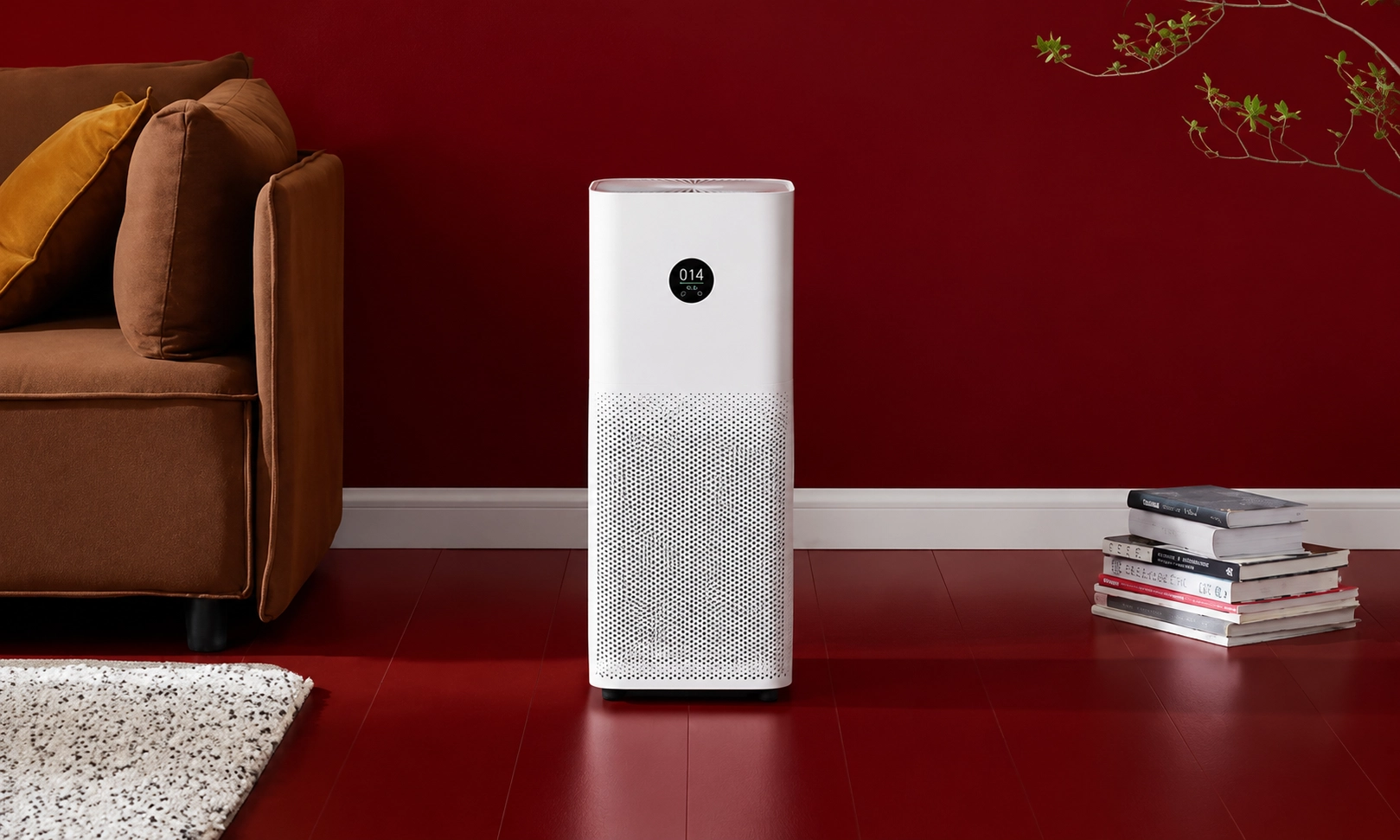 A sleek smart air purifier standing in a room with a red floor.