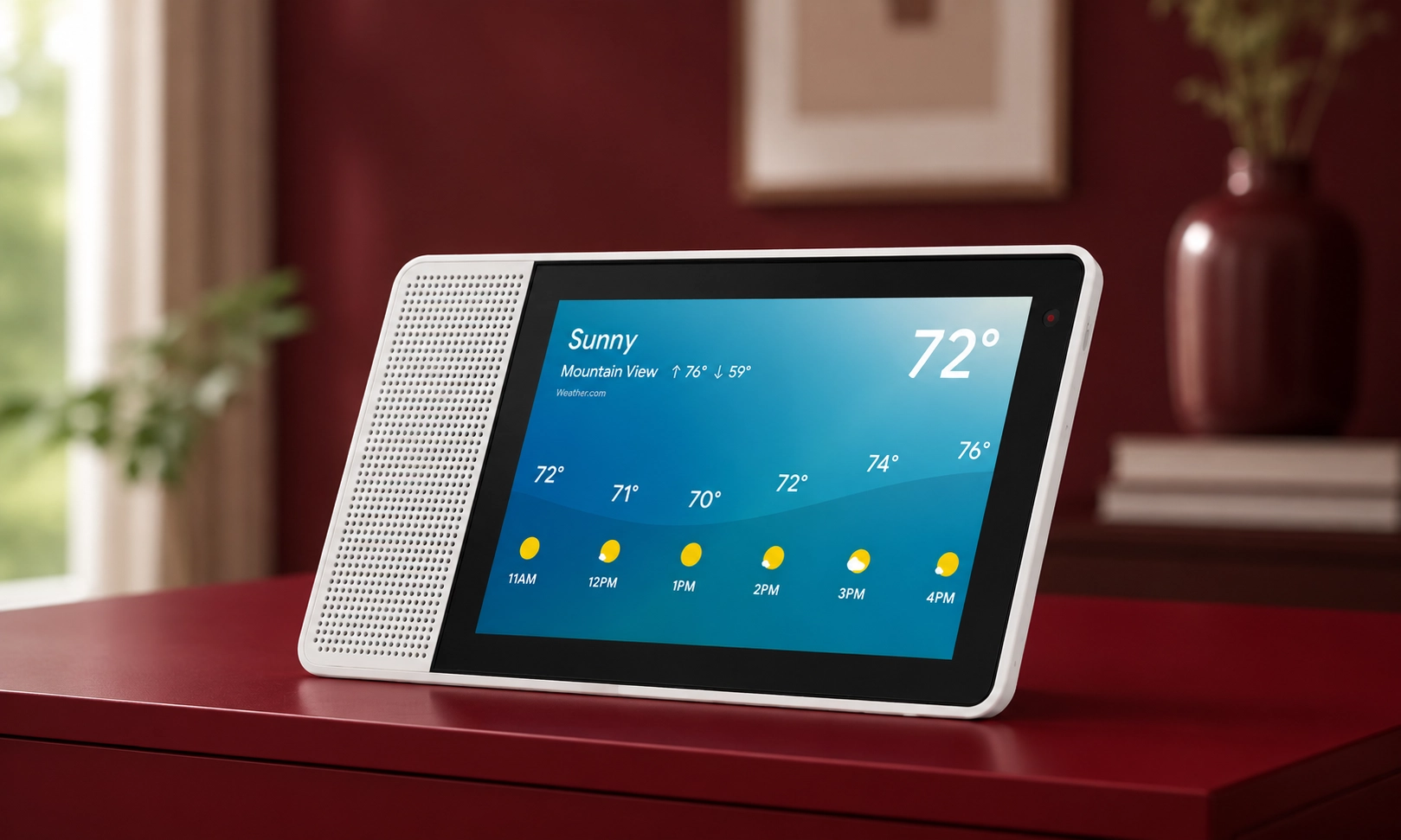A smart display device sitting on a tabletop against a warm background.