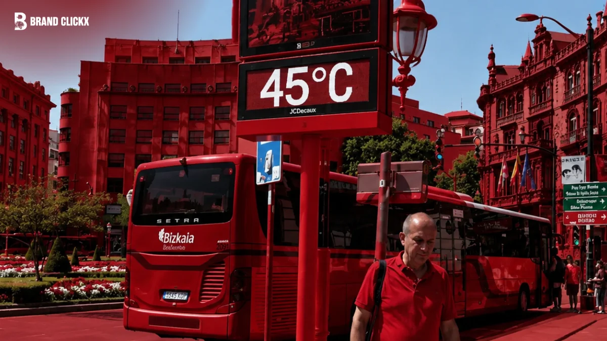 Red-toned urban street view representing Spain's extreme summer heat wave and rising temperatures