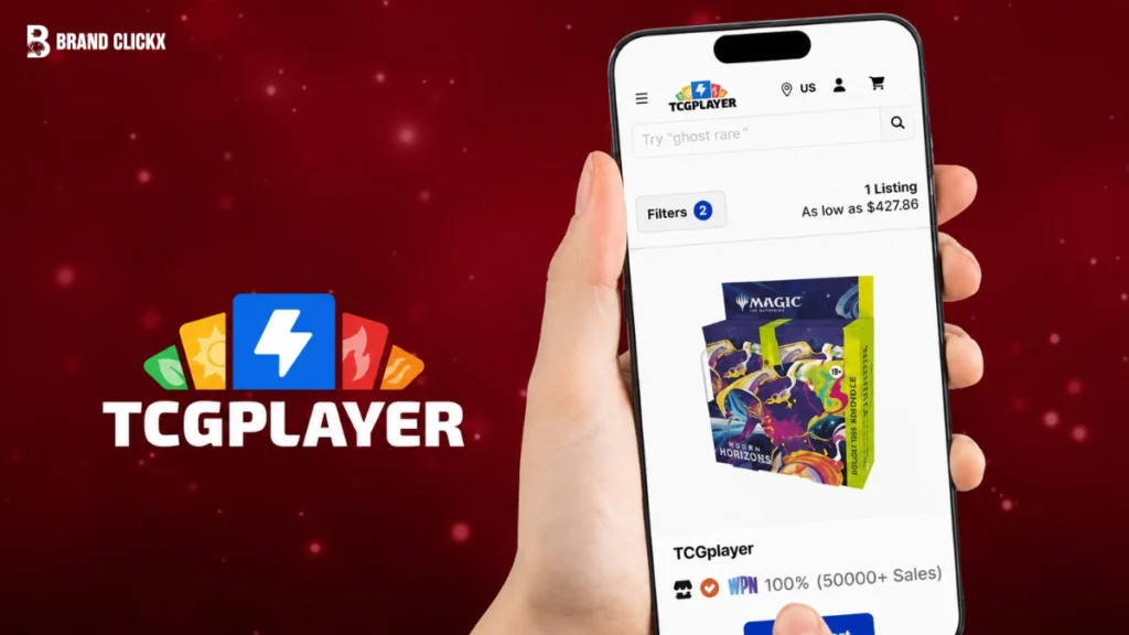 A hand holding up a smartphone displaying a TCGplayer interface against a dark red background.