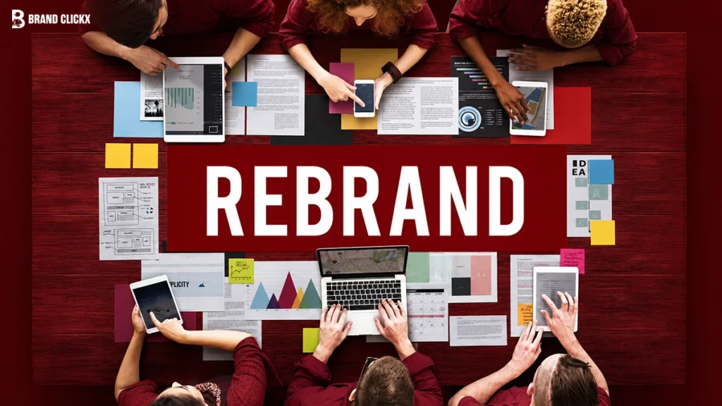 A collage of major brand rebrand logos against a dark red background