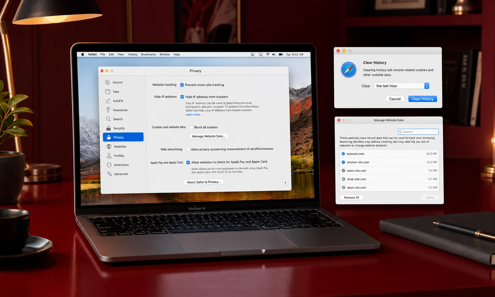 A MacBook displaying cache directory settings against a dark red background