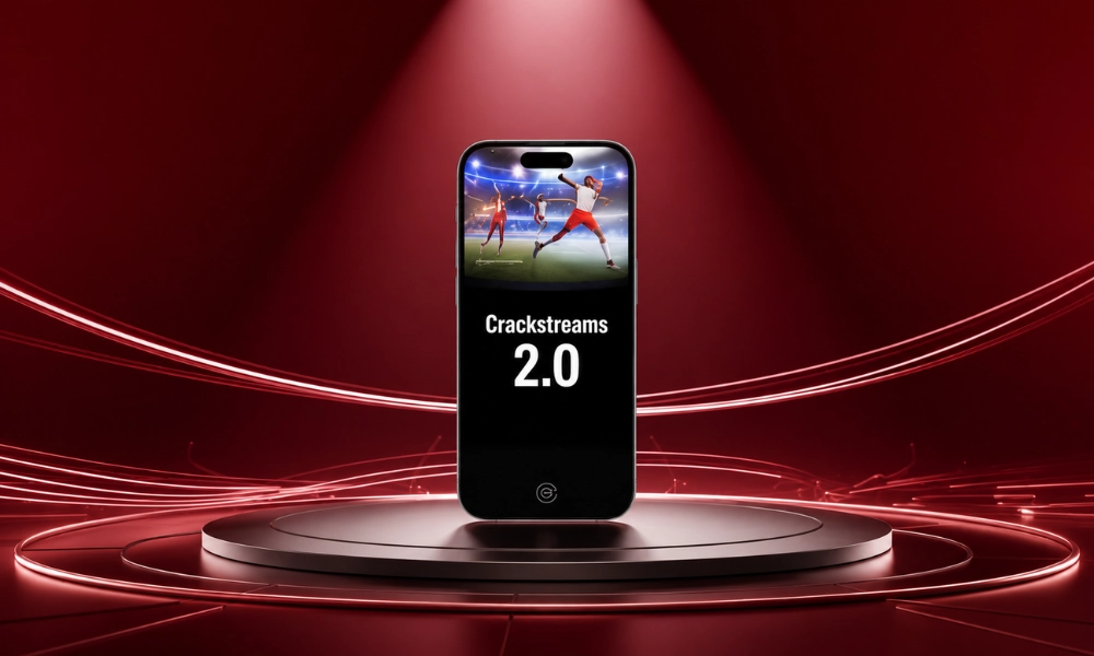 A vertical mobile-style display showing a sports streaming layout against a dark red backdrop.