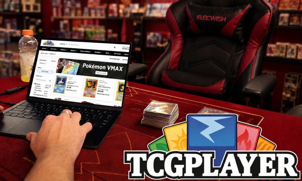 The TCGplayer logo featuring colored cards and a lightning bolt on a solid red background.