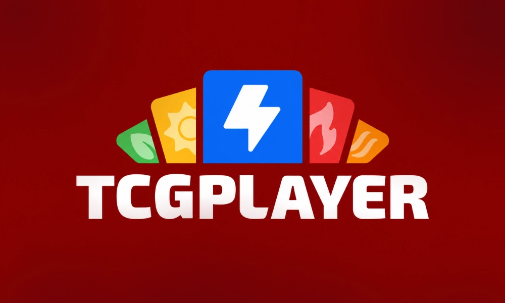 The TCGplayer logo centered over a textured, dark red and glowing digital background.