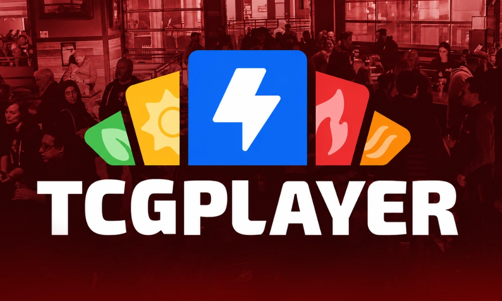 A close-up view of a person using a laptop with TCGplayer open on a desk setup.