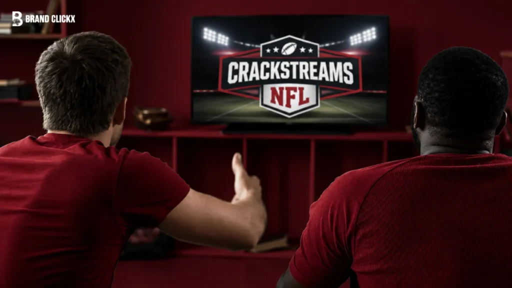 A close-up view from behind two people watching a sports game on a TV screen in a room with a red ambiance.
