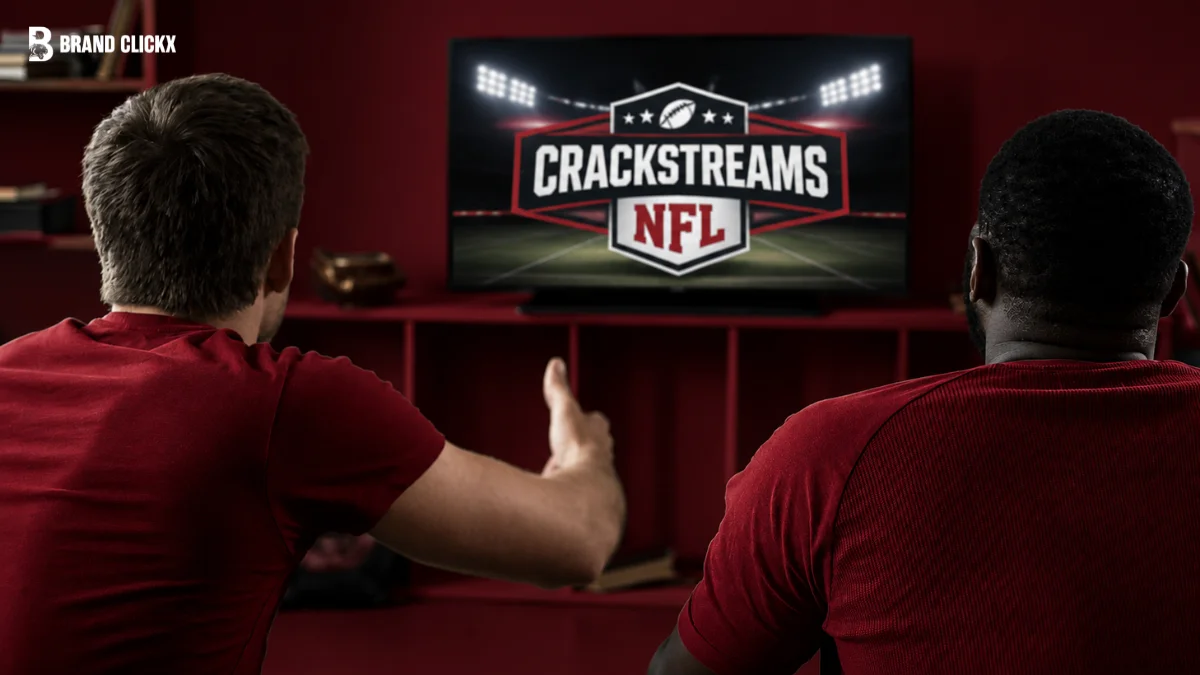 A close-up view from behind two people watching a sports game on a TV screen in a room with a red ambiance.