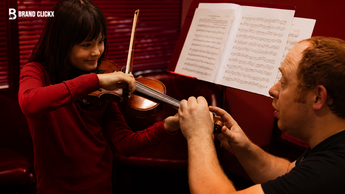 Violin teacher correcting student's bow hold during a beginner violin lesson