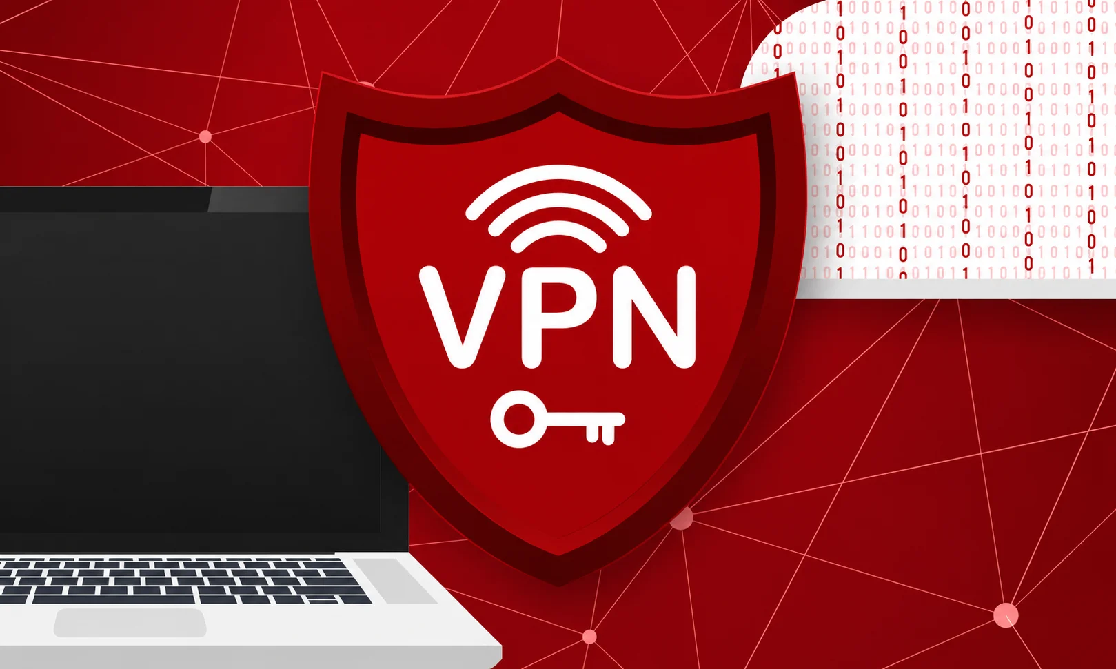 A laptop displaying VPN configuration settings against a dark red background