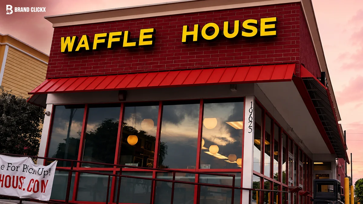 Exterior storefront view of a Waffle House restaurant with yellow signage under red-toned lighting