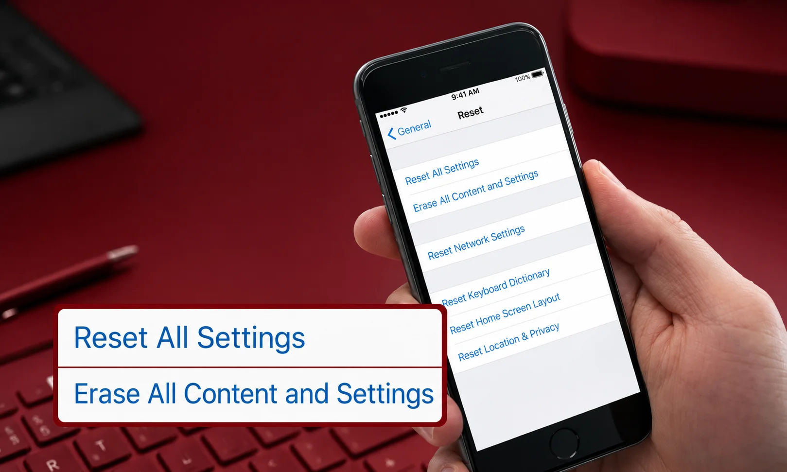 | How to Factory Reset iPhone (Step-by-Step Guide) A smartphone displaying system wipe options held over a red-themed desk