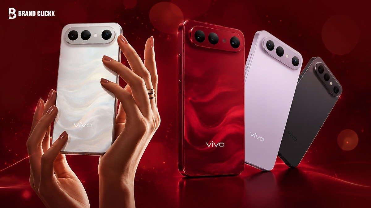 vivo-smartphone-color-options Hands holding a white vivo phone with Brand ClickX logo on red background.