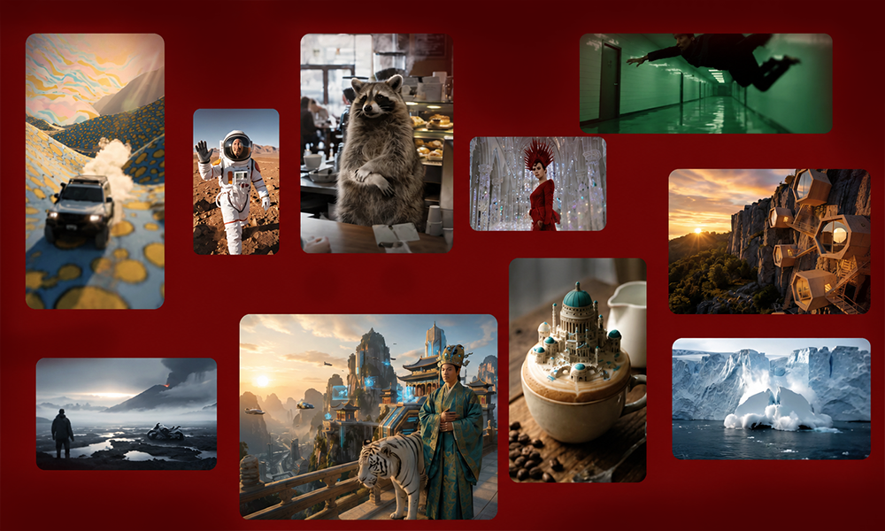 A collage showcase of diverse high quality image to video outputs including landscapes fantasy worlds and animals generated by top AI tools