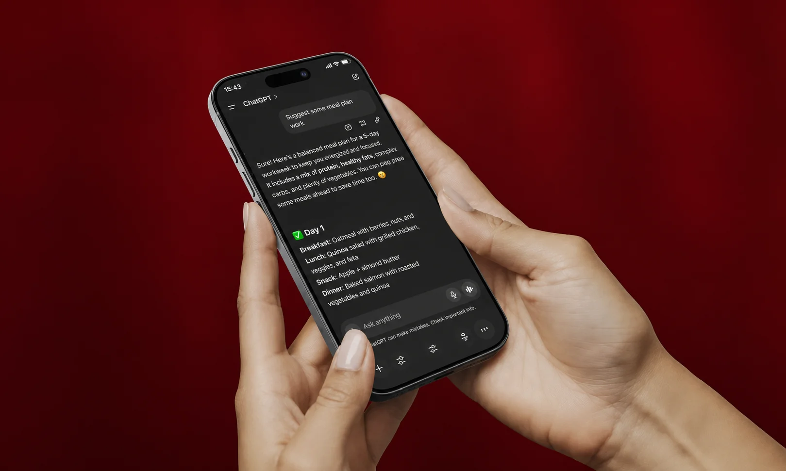 | 15+ Best ChatGPT Prompts (2026): Copy & Paste Templates That Actually Work A smartphone displaying a ChatGPT interface on a red-themed desk