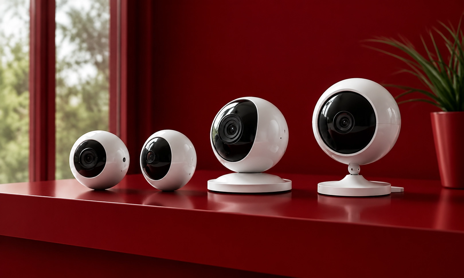 A line-up of several white indoor security cameras of varying sizes arranged on a red surface.