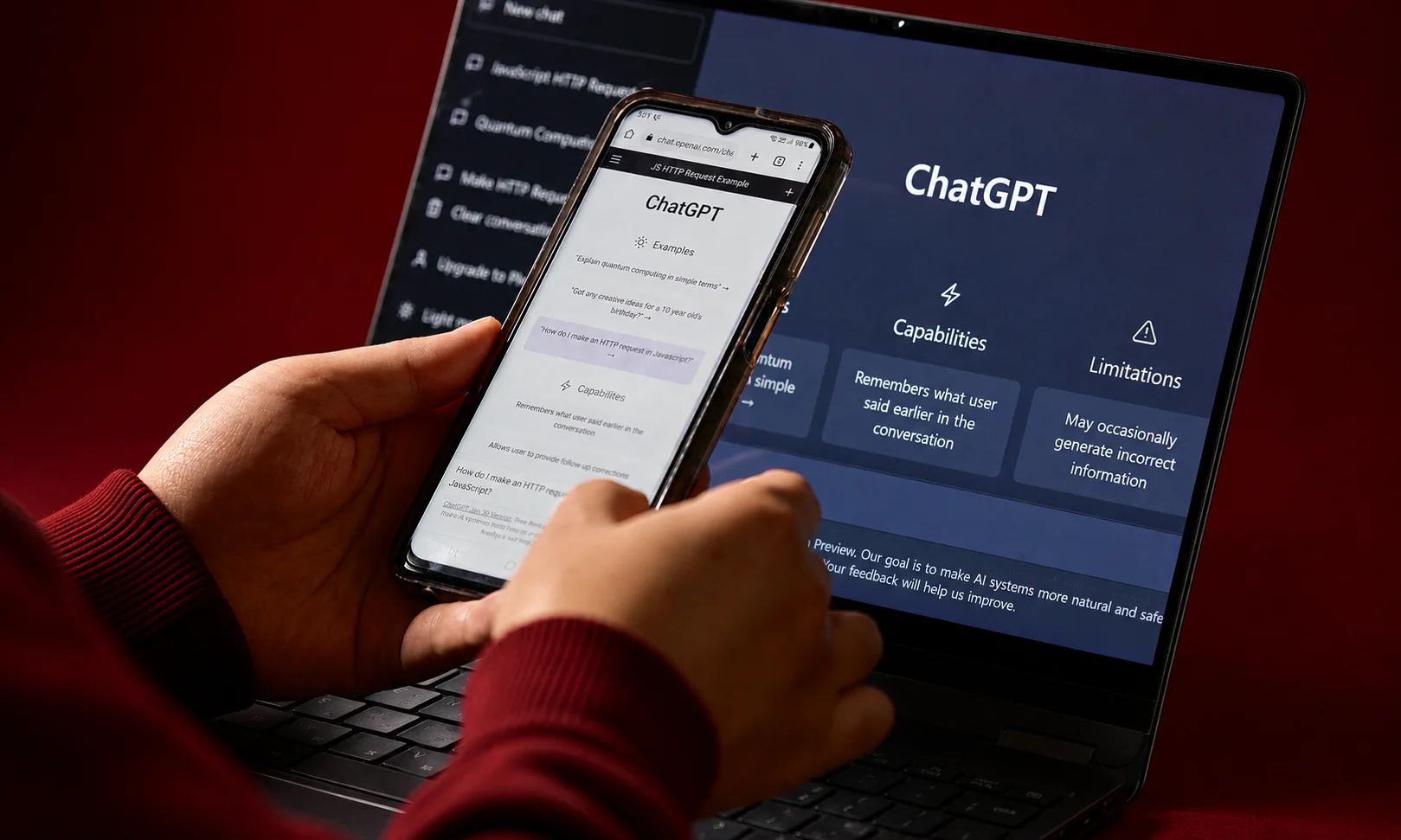| 15+ Best ChatGPT Prompts (2026): Copy & Paste Templates That Actually Work A person using a smartphone and laptop displaying AI chat tools on a dark red surface