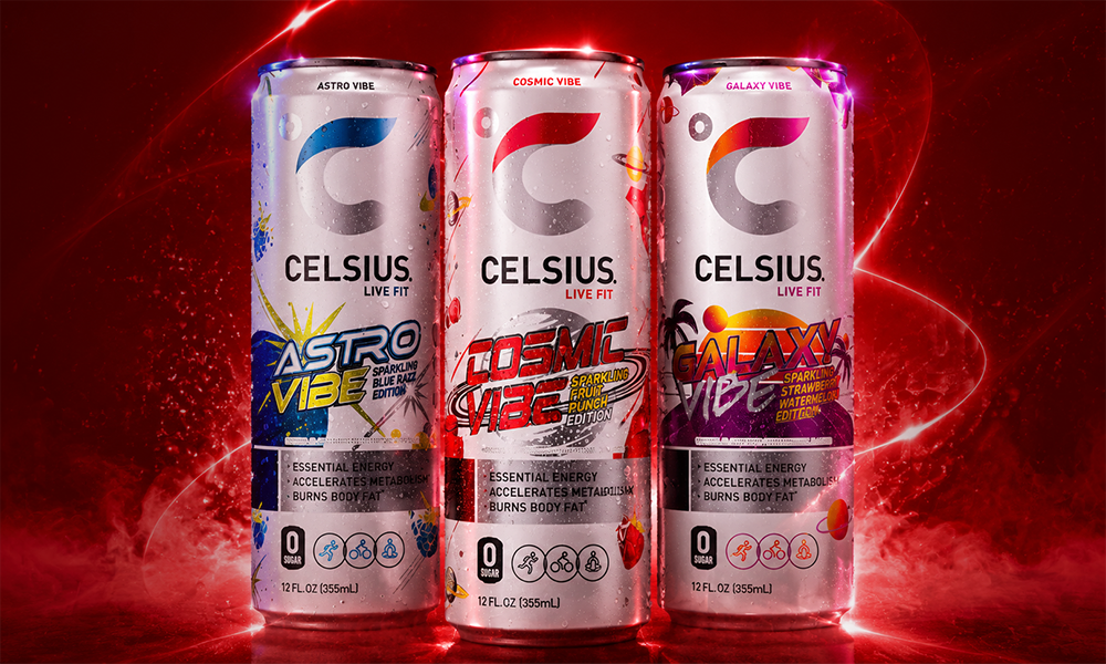 A colorful array of multiple Celsius energy drink cans including watermelon orange cream berry and kiwi guava flavors