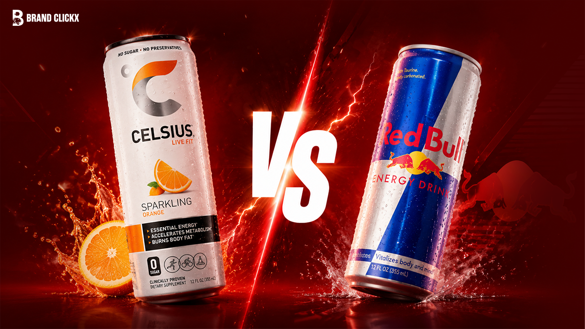 Two hands holding a can of Celsius and a can of Red Bull side by side against a dynamic red and black background