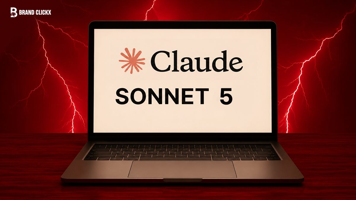 Claude Sonnet 5 model interface displayed on a laptop screen with BrandClickx branding.