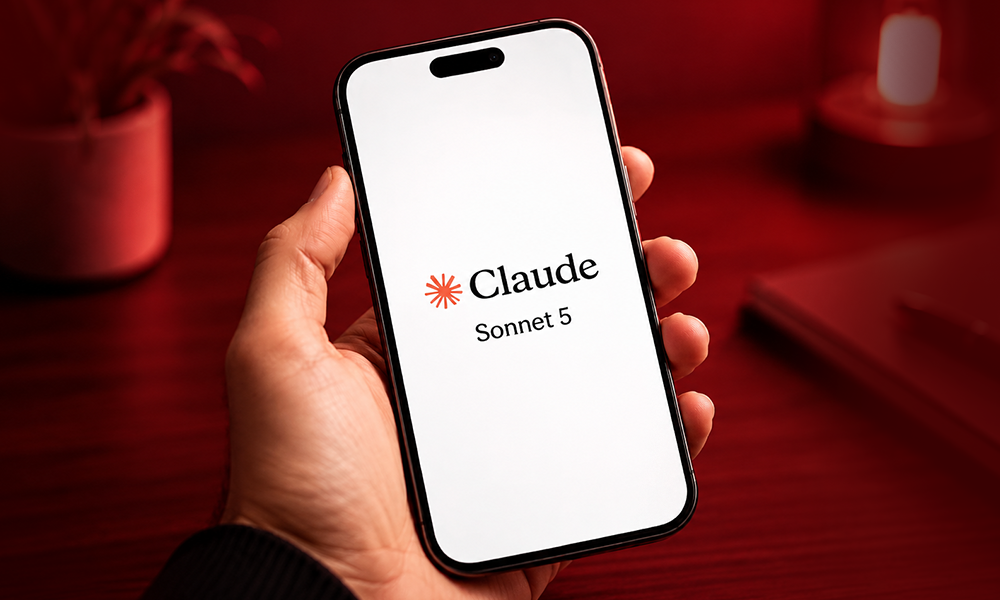| Claude Sonnet 5 Guide: Features, Price & GPT-5.5 Comparison A user holding a smartphone showing the updated Claude Sonnet 5 logo and model version on screen.