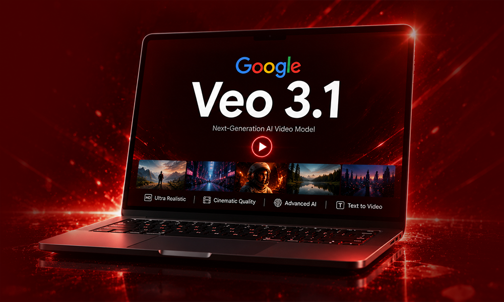 Google Veo 3.1 next generation AI video model dashboard on a sleek laptop displaying ultra realistic and cinematic video clips