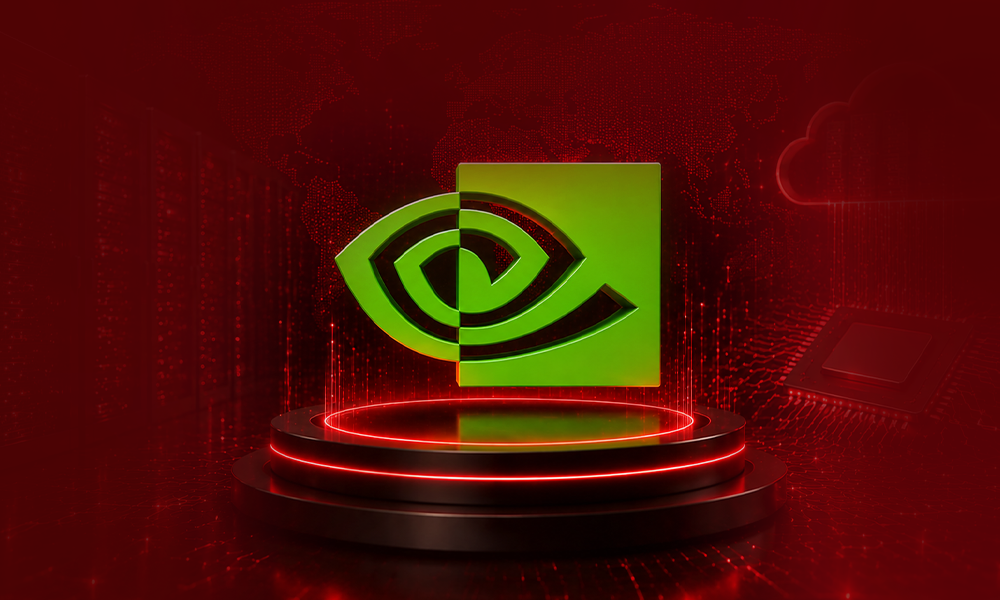 NVIDIA logo displayed on a digital technology background
