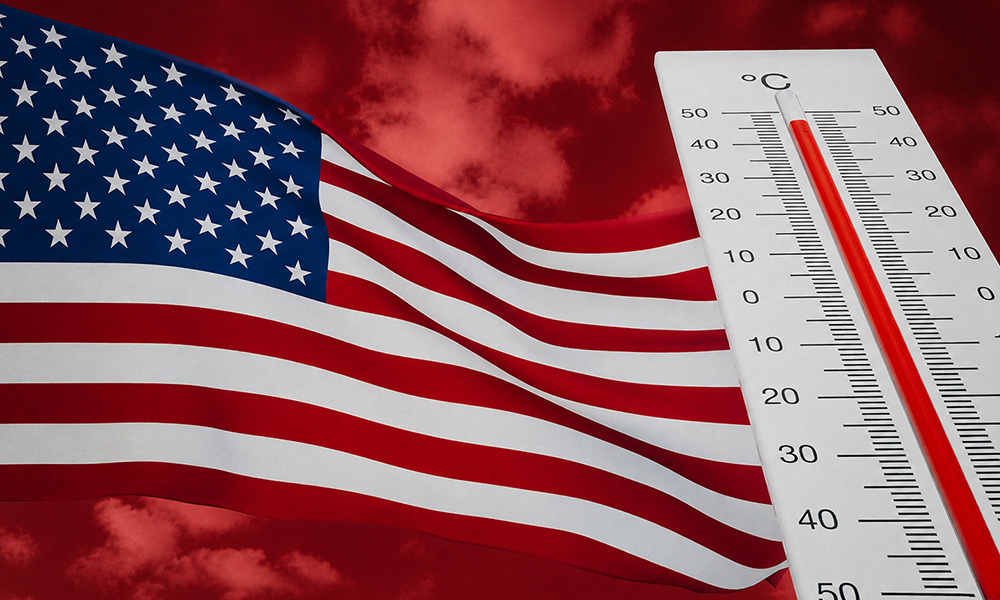 Diverse hands raising small American flags together against a solid red background during July 4th celebrations