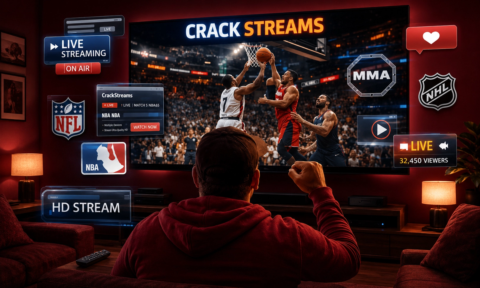 A collage of various live streaming windows and video interfaces on a dark, reddish background.