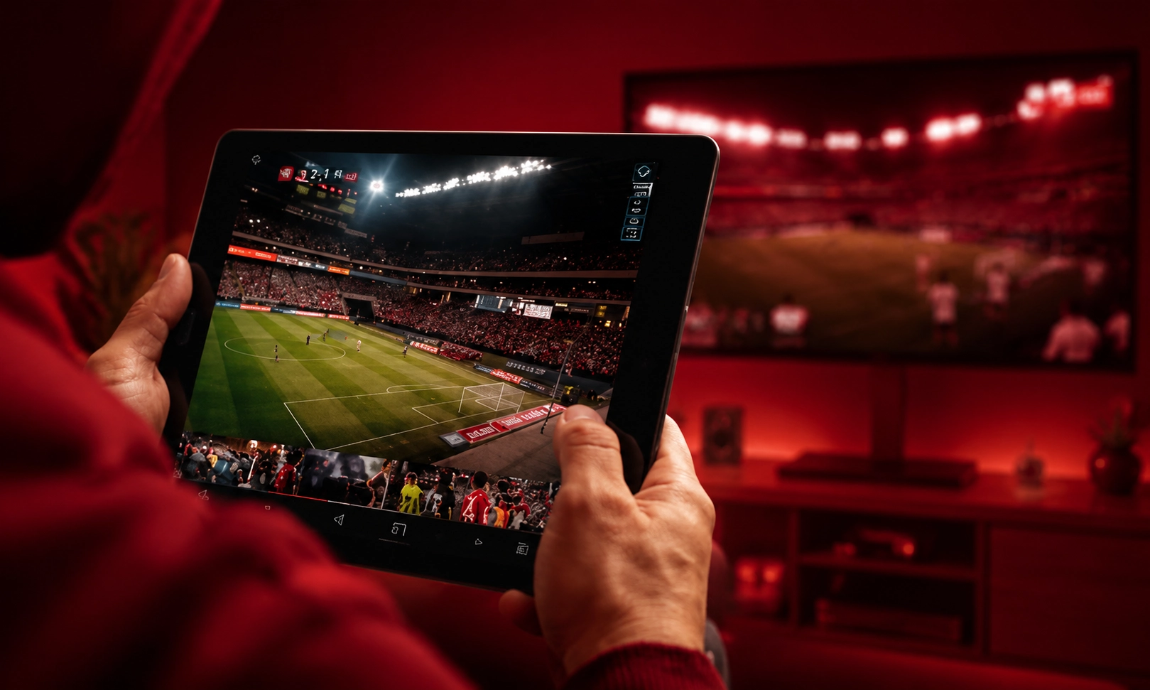 A pair of hands holding a tablet device displaying a sports game stream.