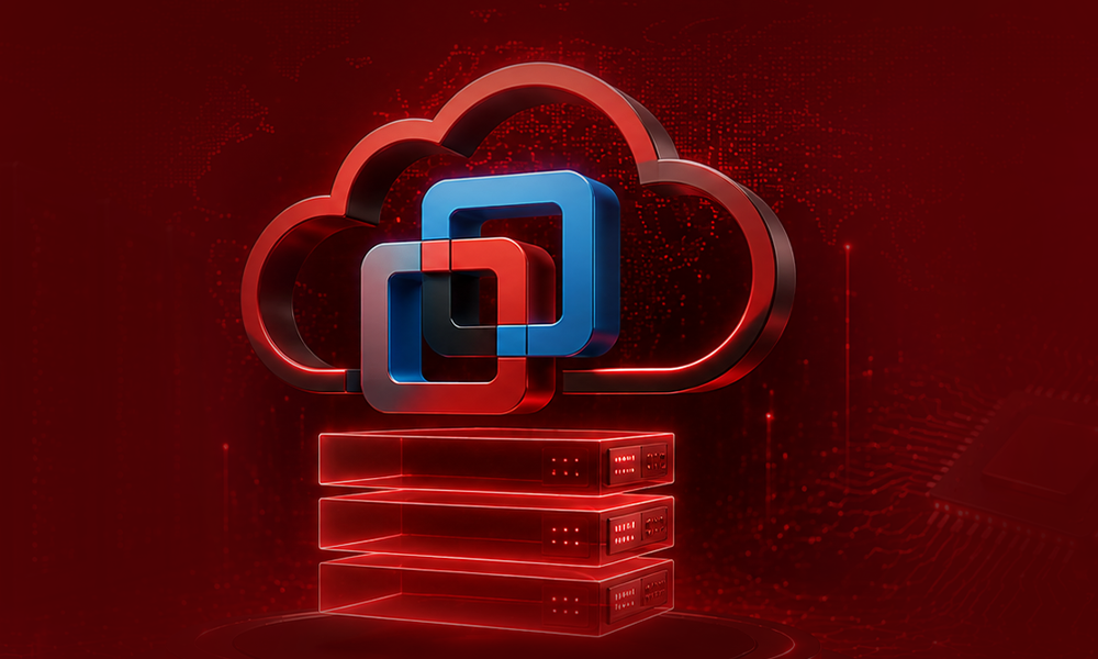 VMware logo displayed on a digital technology background