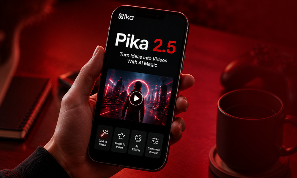 Pika 2.5 video creation interface on a smartphone showcasing options for text to video and cinematic control tools