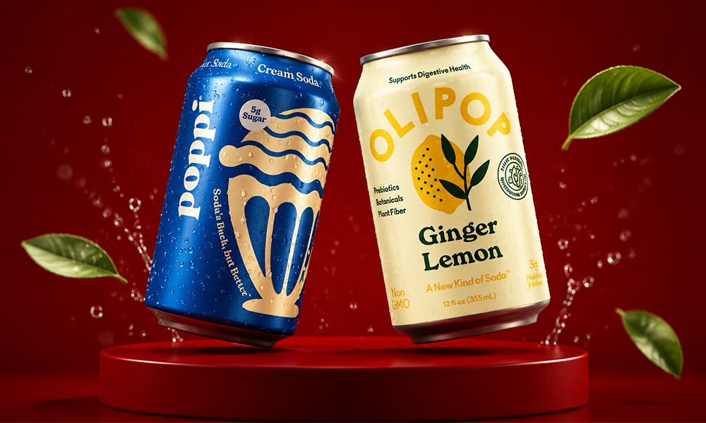 | Poppi vs Olipop: A Complete Side-by-Side Comparison (2026) A blue can of Poppi Cream Soda and a cream can of Olipop Ginger Lemon floating over a red pedestal with green leaves