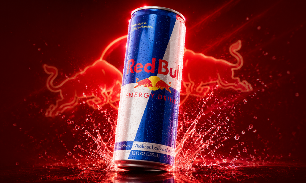 A pink can of Red Bull Shirley Temple next to a sparkling glass filled with iced red energy drink and a straw