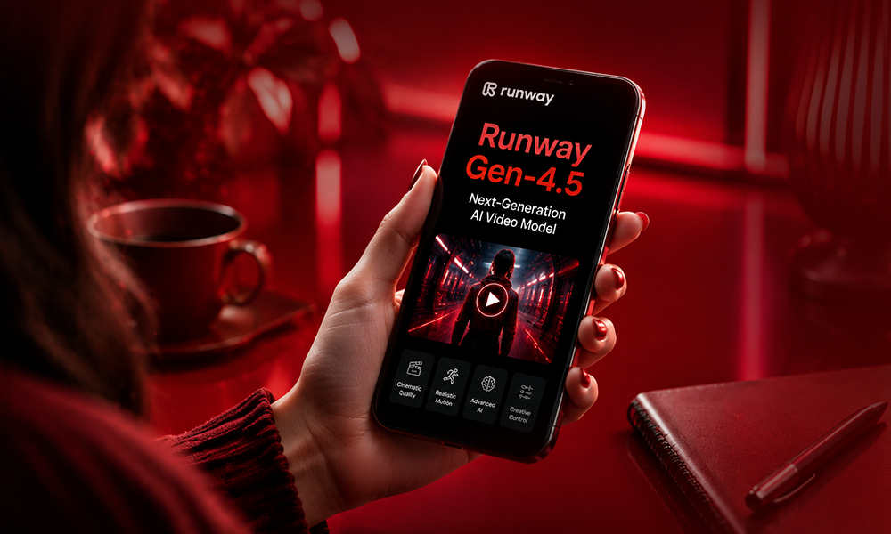 Runway Gen-4.5 next generation AI video model app interface on a smartphone screen showing cinematic text to video output
