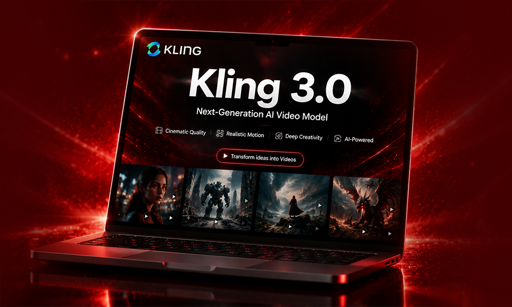 Kling 3.0 next generation AI video model dashboard on a modern laptop showing photorealistic high motion cinematic generations