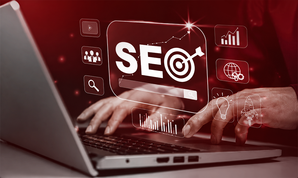 A high-tech digital workspace interface highlighting semantic keyword clusters and topical authority mapping