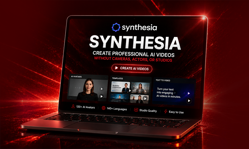 Synthesia platform interface on a premium laptop showing professional AI avatars and video templates for business training